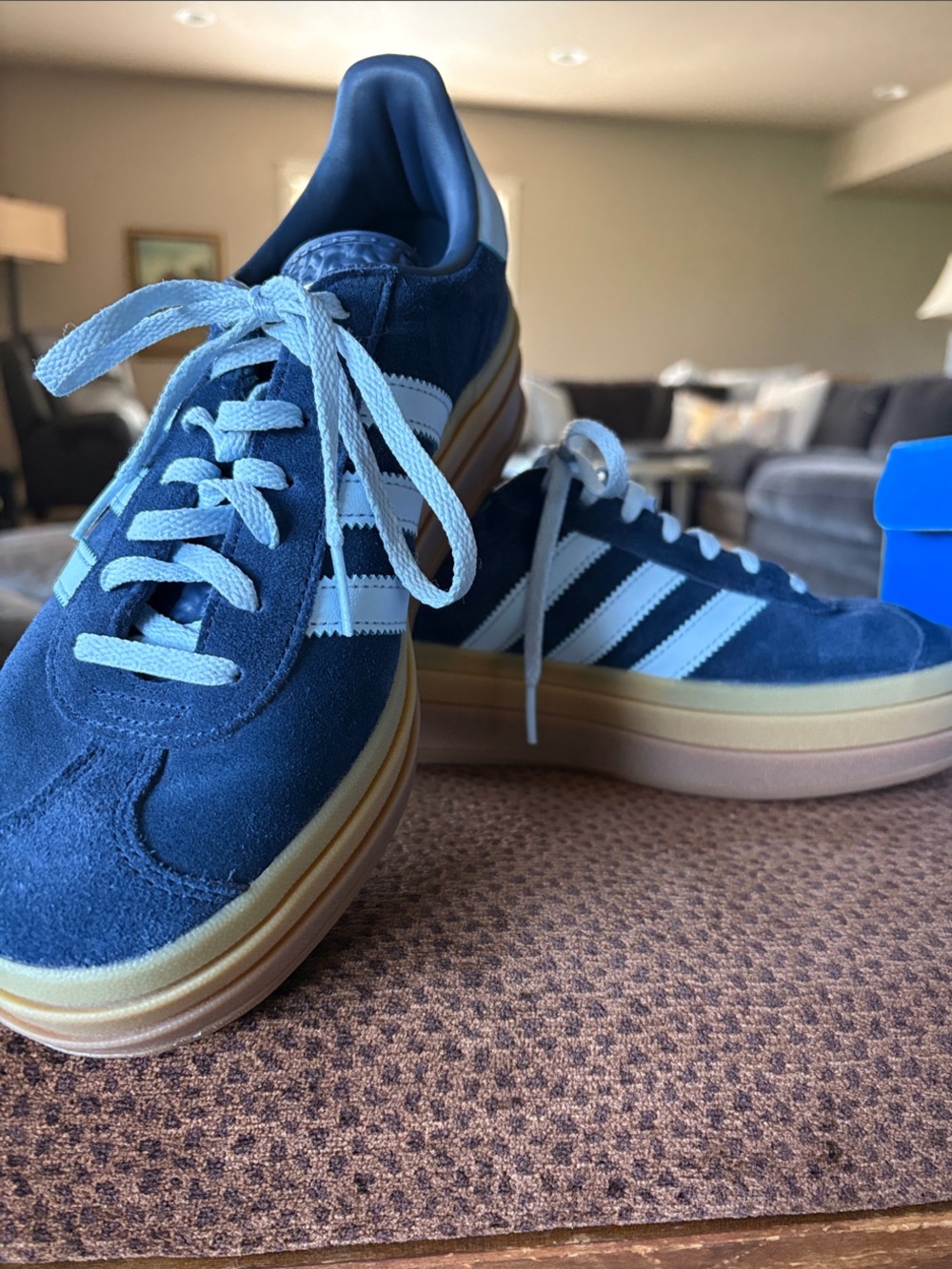 adidas Women’s Gazelle Bold Navy Suede Sneakers with light blue stripes, sz 8.5